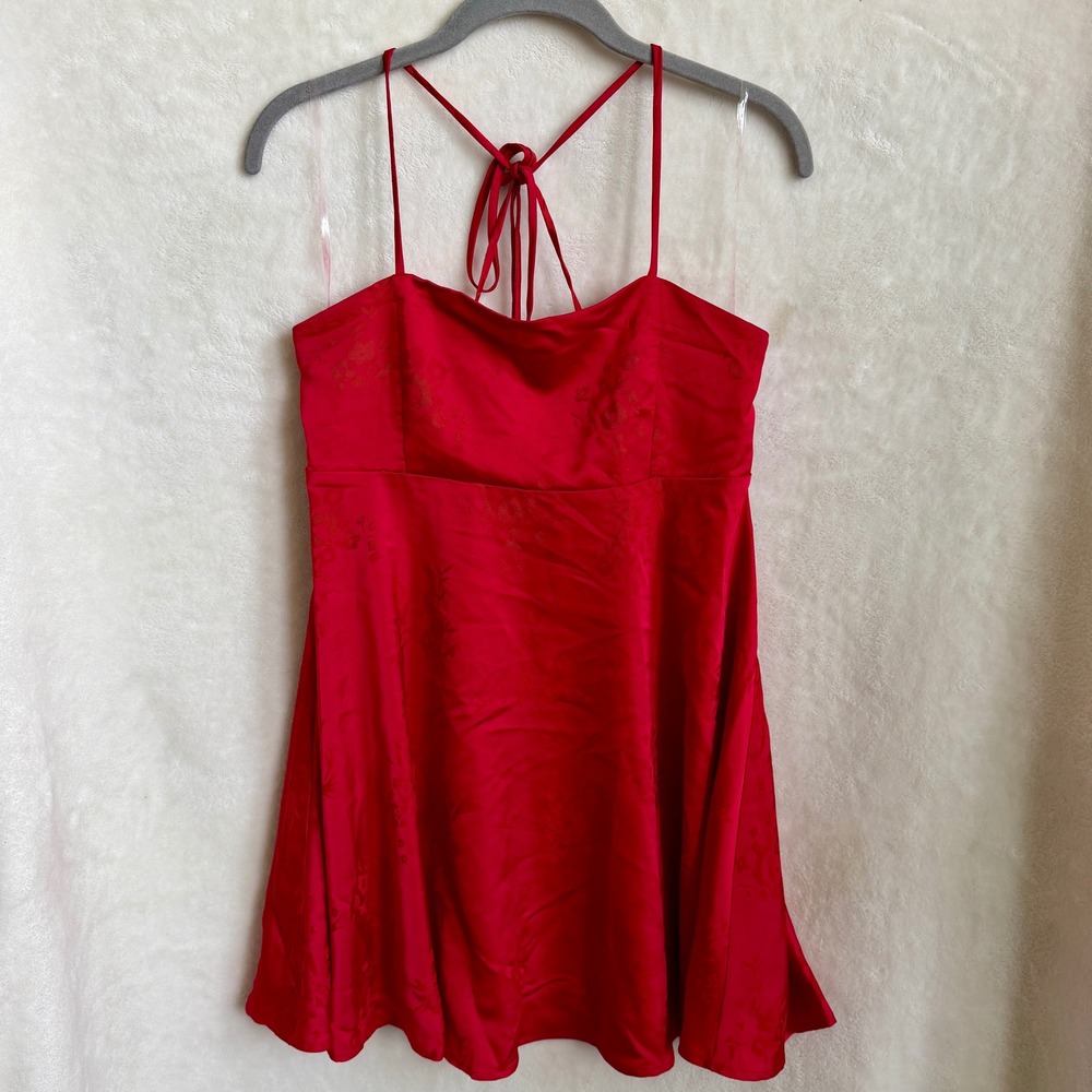 Wild Fable Womens Red Floral Jacquard Satin Halter Tie Back Mini Dress Sz S